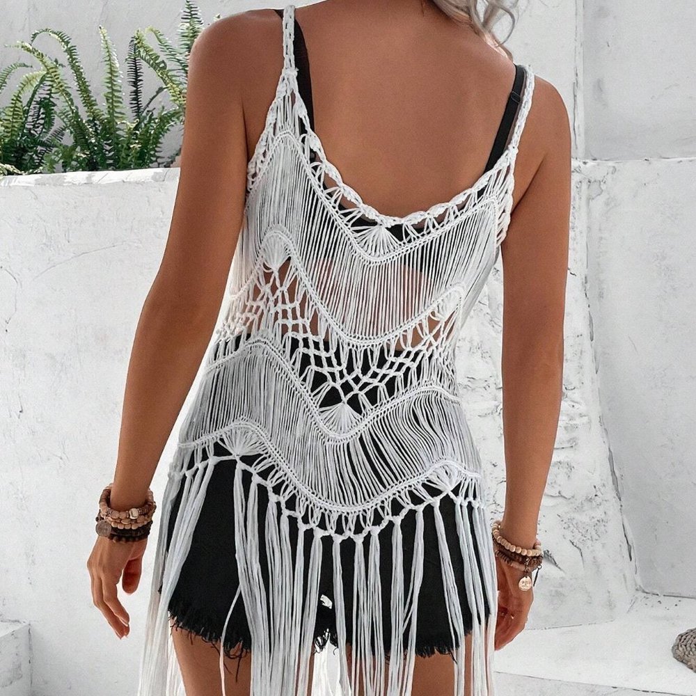 Hollow Out Fringe Hem Cami Cover Up white - Picture 3 of 5